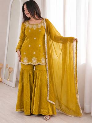 Mustard fandy silk heavy thread embroidery with hot fix work kurta sharara set 4