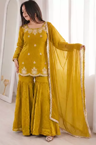 Mustard fandy silk heavy thread embroidery with hot fix work kurta sharara set
