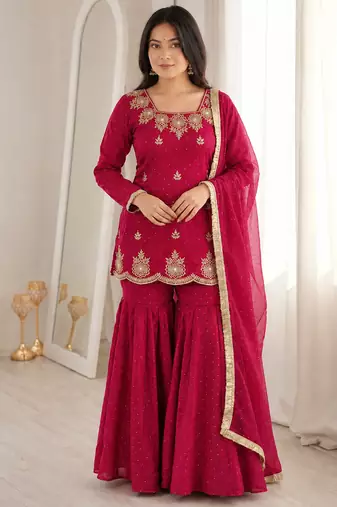 Rani pink fandy silk heavy thread embroidery with hot fix work kurta sharara set