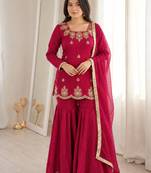 Rani pink fandy silk heavy thread embroidery with hot fix work kurta sharara set