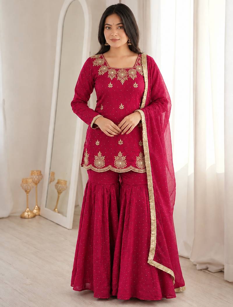 Rani pink fandy silk heavy thread embroidery with hot fix work kurta sharara set