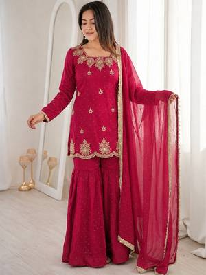 Rani pink fandy silk heavy thread embroidery with hot fix work kurta sharara set 2