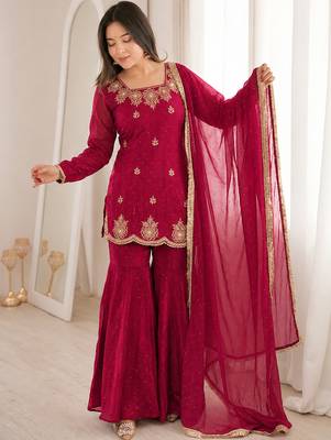Rani pink fandy silk heavy thread embroidery with hot fix work kurta sharara set 3