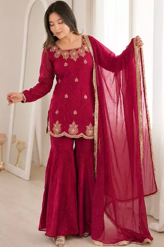 Rani pink fandy silk heavy thread embroidery with hot fix work kurta sharara set