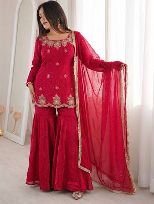 Rani pink fandy silk heavy thread embroidery with hot fix work kurta sharara set 4