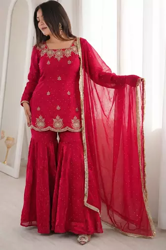 Rani pink fandy silk heavy thread embroidery with hot fix work kurta sharara set
