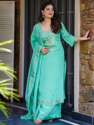 Turquoise chinon foil print kurta palazzo set 1