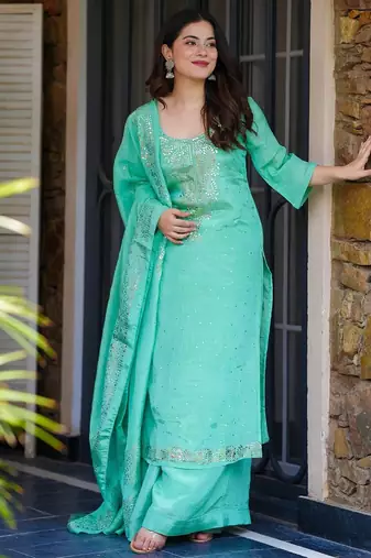 Turquoise chinon foil print kurta palazzo set