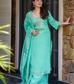 Turquoise chinon foil print kurta palazzo set