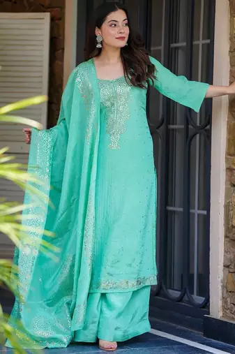 Turquoise chinon foil print kurta palazzo set