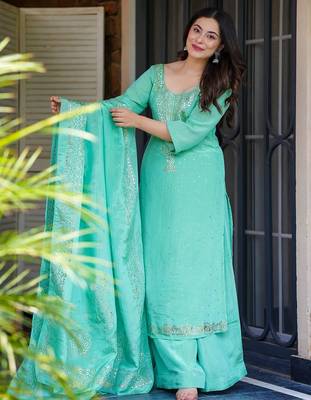 Turquoise chinon foil print kurta palazzo set 3