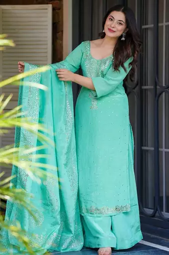 Turquoise chinon foil print kurta palazzo set