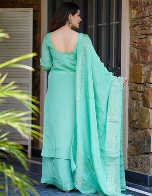Turquoise chinon foil print kurta palazzo set 4