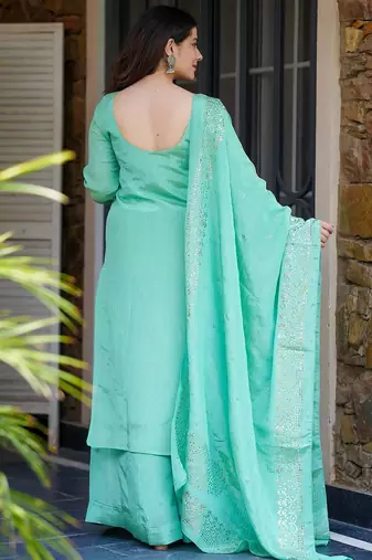 Turquoise chinon foil print kurta palazzo set
