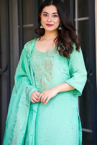 Turquoise chinon foil print kurta palazzo set