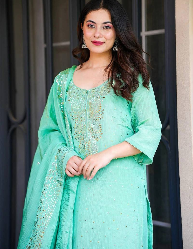 Turquoise chinon foil print kurta palazzo set