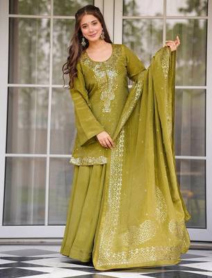 Olive chinon foil print kurta palazzo set 1