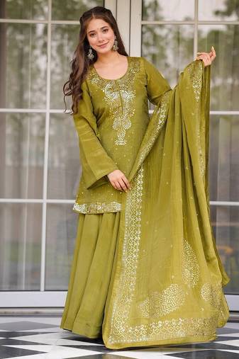 Olive chinon foil print kurta palazzo set