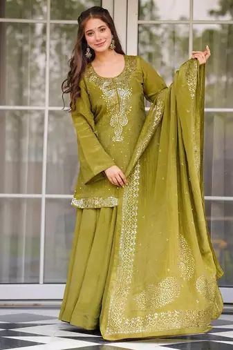 Olive chinon foil print kurta palazzo set