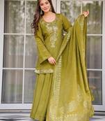 Olive chinon foil print kurta palazzo set