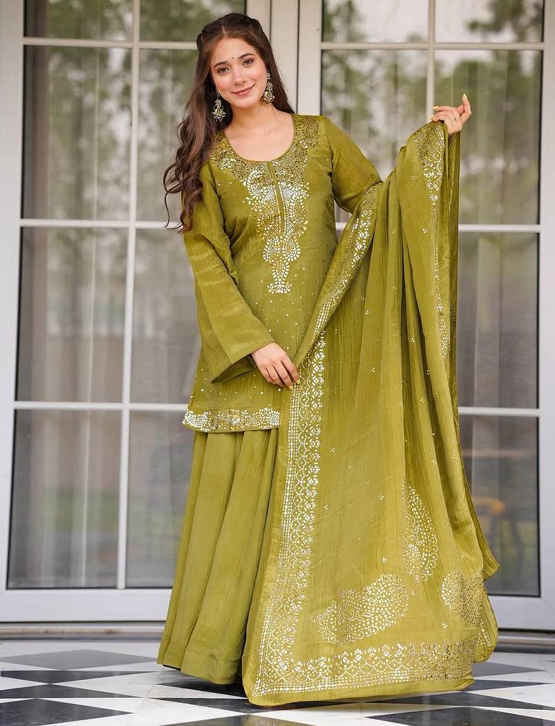 Olive chinon foil print kurta palazzo set