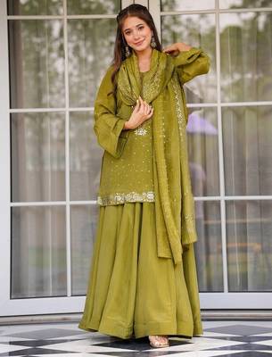 Olive chinon foil print kurta palazzo set 2