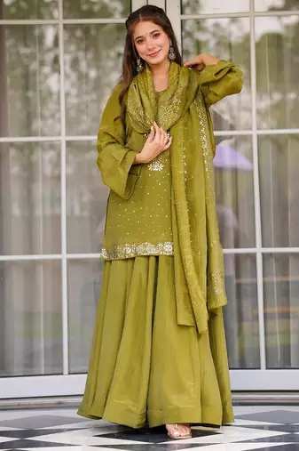 Olive chinon foil print kurta palazzo set