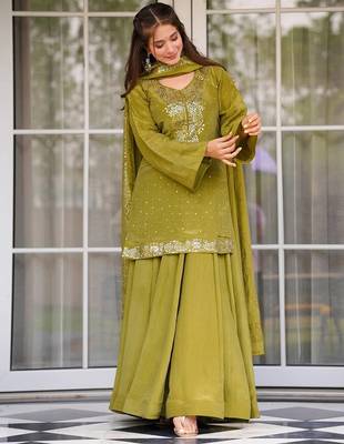 Olive chinon foil print kurta palazzo set 3