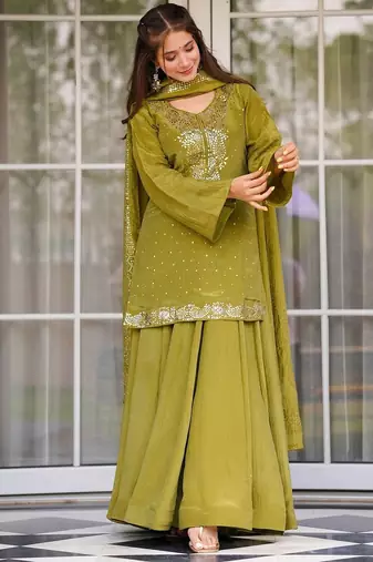 Olive chinon foil print kurta palazzo set