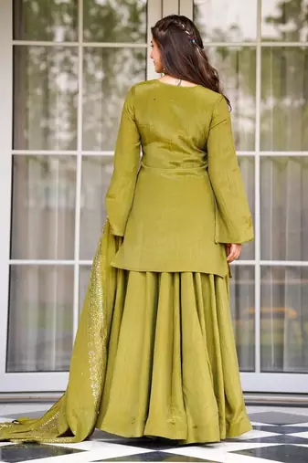 Olive chinon foil print kurta palazzo set