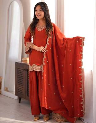Orange fandy silk heavy thread embroidery work kurta pant set 1
