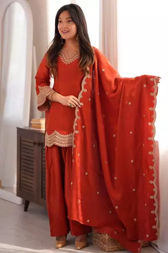 Orange fandy silk heavy thread embroidery work kurta pant set