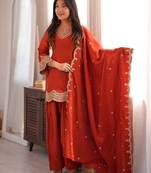 Orange fandy silk heavy thread embroidery work kurta pant set