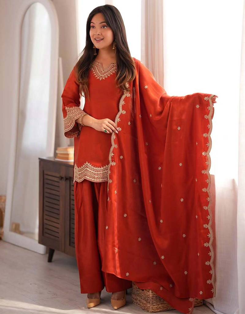 Orange fandy silk heavy thread embroidery work kurta pant set