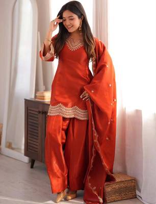 Orange fandy silk heavy thread embroidery work kurta pant set 2