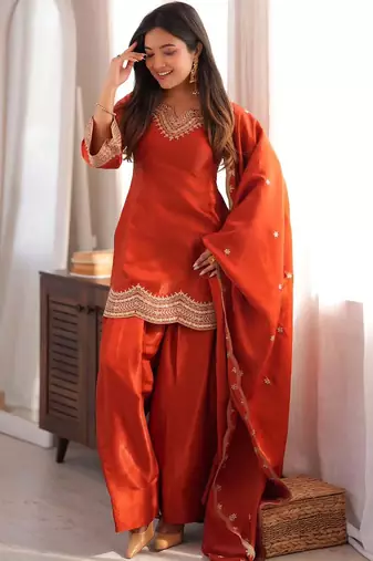 Orange fandy silk heavy thread embroidery work kurta pant set