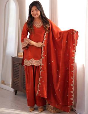 Orange fandy silk heavy thread embroidery work kurta pant set 3