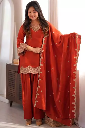 Orange fandy silk heavy thread embroidery work kurta pant set