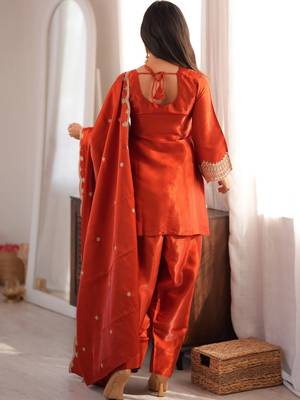 Orange fandy silk heavy thread embroidery work kurta pant set 4
