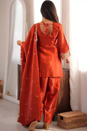 Orange fandy silk heavy thread embroidery work kurta pant set