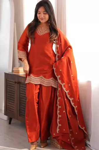 Orange fandy silk heavy thread embroidery work kurta pant set