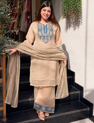 Beige crunchy silk heavy thread embroidery work kurta palazzo set 1