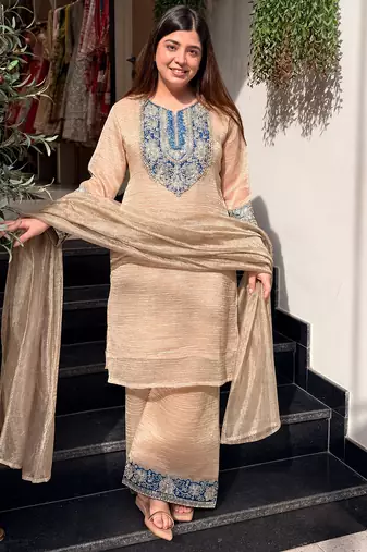 Beige crunchy silk heavy thread embroidery work kurta palazzo set