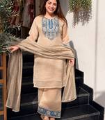 Beige crunchy silk heavy thread embroidery work kurta palazzo set