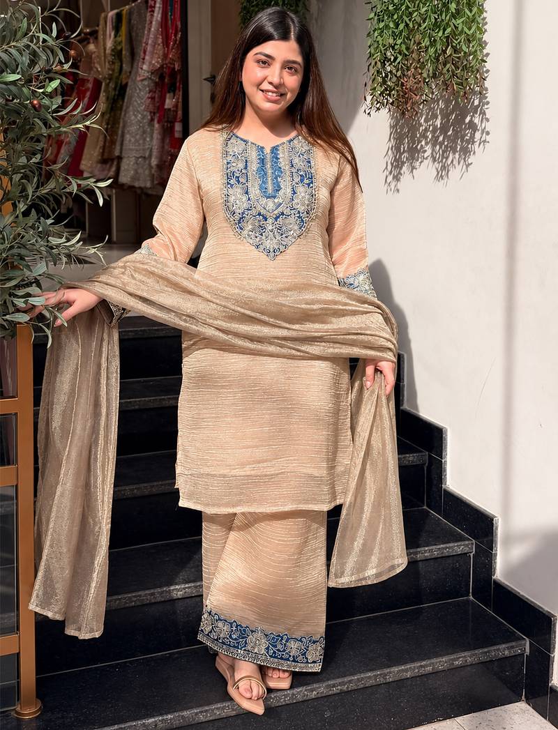 Beige crunchy silk heavy thread embroidery work kurta palazzo set