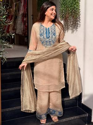 Beige crunchy silk heavy thread embroidery work kurta palazzo set 2