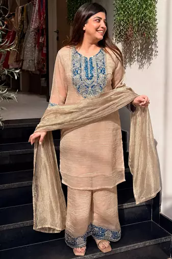 Beige crunchy silk heavy thread embroidery work kurta palazzo set