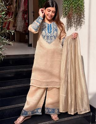 Beige crunchy silk heavy thread embroidery work kurta palazzo set 3