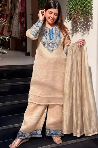 Beige crunchy silk heavy thread embroidery work kurta palazzo set