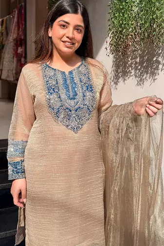 Beige crunchy silk heavy thread embroidery work kurta palazzo set